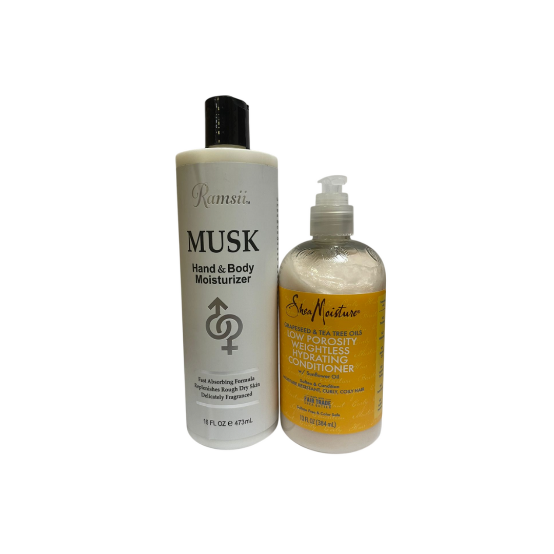 SM Low Porosity Weightless Hydrating Conditioner 13OZ With Ramsii Musk Moisturizer 16Oz